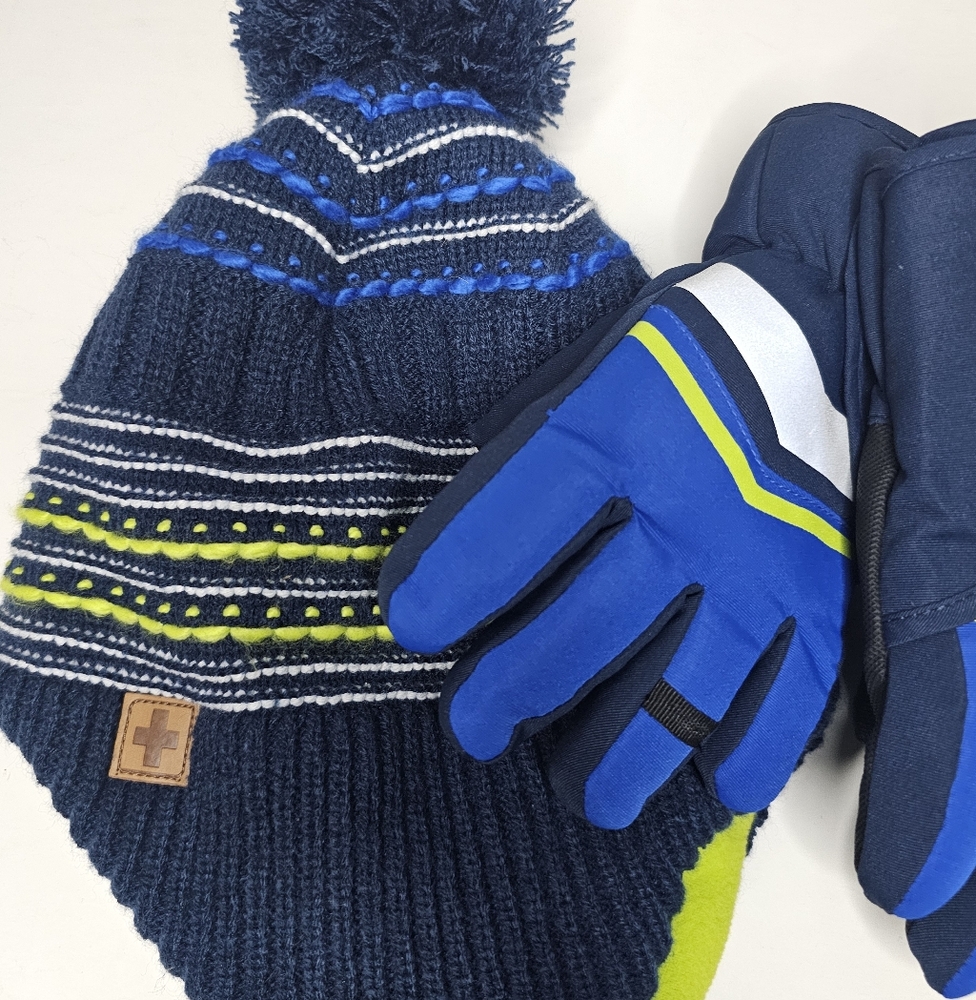 Swiss Tech Navy and Lime Kids Winter Hat and Gloves Set